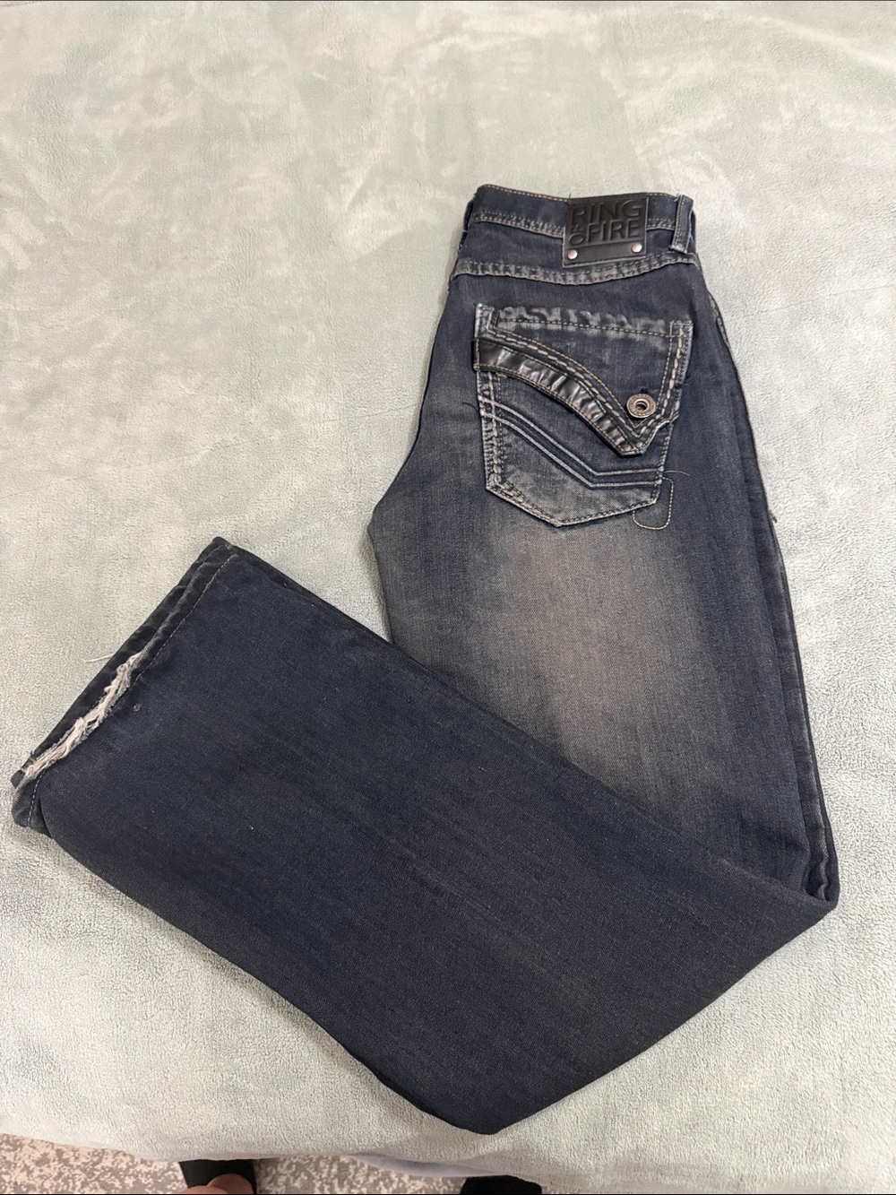 Ring of Fire Men's Dark Wash Straight Jeans with Distressed Back Pocket